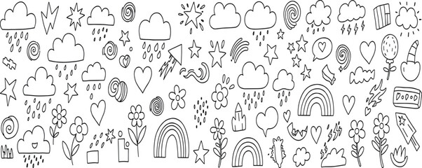 Obraz premium scribbles and doodles in simple linear hand drawn style with copy space, minimal monoline design elements for posters, social media, print, banners Vector set of stickers.