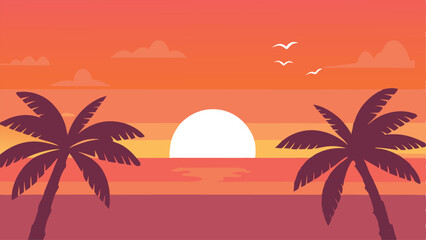 Obraz premium Sunset over tropical beach with palm trees, sea waves, and a summer resort.