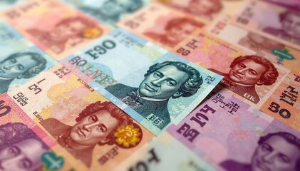 Obraz premium Close-up texture of overlapping banknotes, creating a seamless pattern , notes, money texture, cash