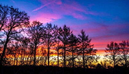 Fototapeta premium Vibrant Sunset Silhouette Trees against a Colorful Sky