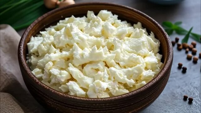 Wooden bowl full of fresh cream cheese with garlic and herbs on a gray table