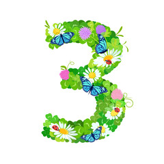 number symbol 3 with clover leaves and flowers, butterflies. ladybugs. trefoils figure number three