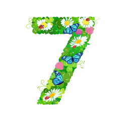 number symbol 7 with clover leaves and flowers, butterflies. ladybugs. trefoils figure number seven