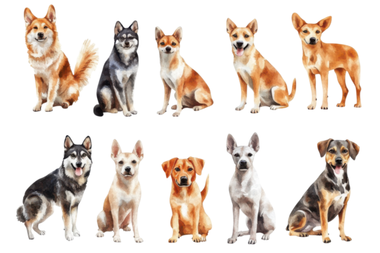 Set of safari animals with dogs of different breeds in water highlights their adventurous spirit and joy