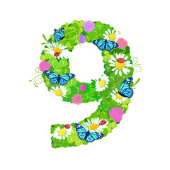 number symbol 9 with clover leaves and flowers, butterflies. ladybugs. trefoils figure number nine