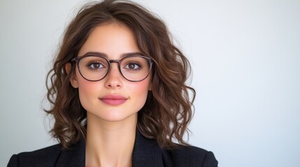 Obraz premium A professional businesswoman wearing glasses looking at the camera with a confident expression, standing against a plain white background, and studio portrait.