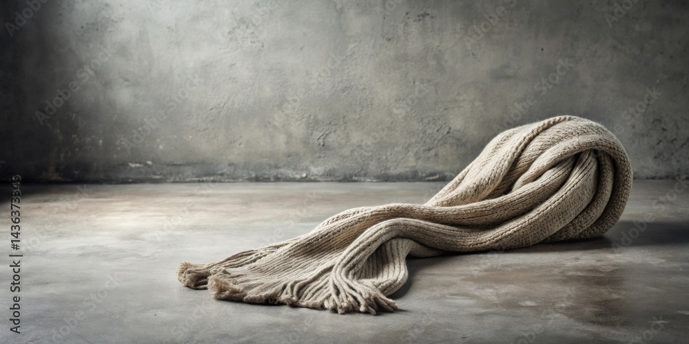 Poster a soft, beige knitted throw casually draped on a textured floor against a rustic backdrop