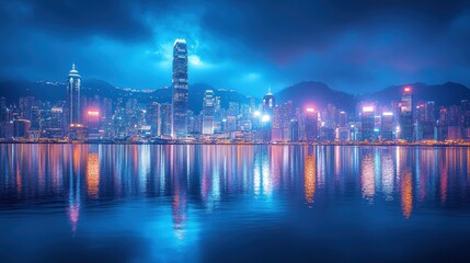 Fototapeta premium Vibrant Hong Kong Skyline Night Reflection