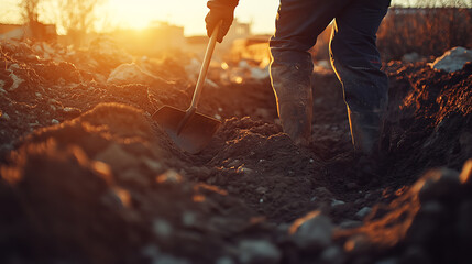 Farmer Digging Soil with Shovel at Sunset