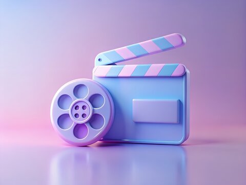 3D Movie Clapperboard and Film Reel Icon &ndash; Purple and Blue Cinema Production Symbol Representing Filmmaking, Video Editing, and Entertainment Industry.