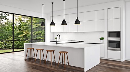 Modern kitchen interior featuring white cabinets, a center island, wooden stools, pendant lighting, and a window with nature views.