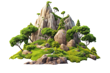 Set of island mountain drawings with natural trees placed on a simple white background