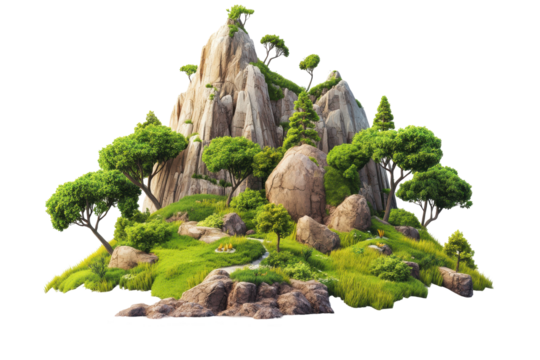 Set of island mountain drawings with natural trees placed on a simple white background