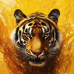 Obraz premium Tiger splashing in golden liquid, wildlife, nature, poster