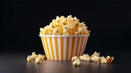 popcorn in a box in the dark background. A yellow and white box of popcorn.