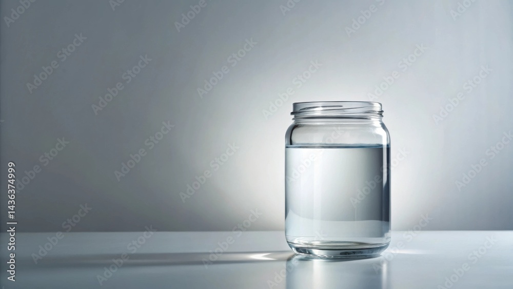 Aufkleber a clear glass jar partially filled with pure, refreshing water sits on a minimalist surface, bathed 