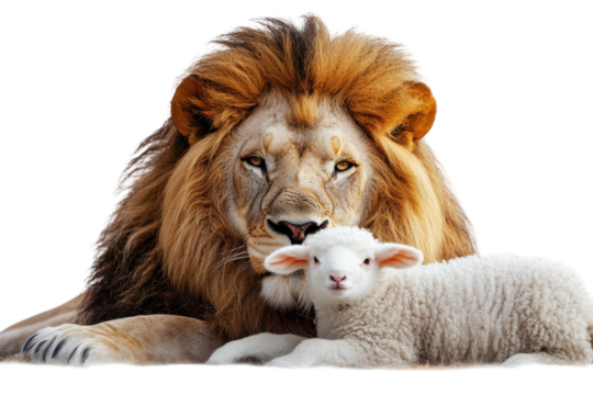 Powerful lion and gentle lamb together symbolize peace harmony and unity on clean white background