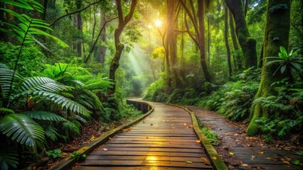 Fototapeta premium Serene Forest Path A Wooden Walkway Winding Through Lush Greenery Under Golden Sunlight
