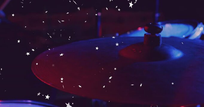 3D render drum kit cymbal displaying textured metal under red-blue lighting and star bokeh overlays