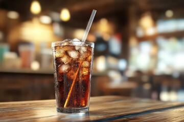 Iced coffee in a glass with straw on wooden table, blurred cafe interior background, refreshing summer drink concept.