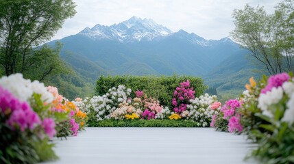 Obraz premium Vibrant floral display against a majestic mountain backdrop. 