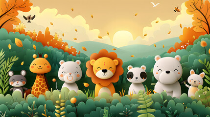 Cartoon Animals in an Autumn Landscape, Celebrating Friendship and Nature's Beauty