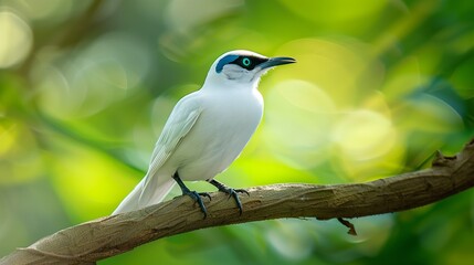Fototapeta premium A stunning Bali starling perched gracefully on a branch, showcasing its pristine white feathers, black-tipped wings, and bright blue eye patch, set against a lush green background 