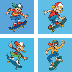 Four Cartoon Skateboarders With Retro Outfits On Blue Background Illustration