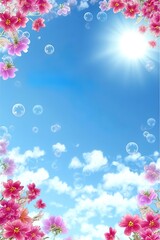 Blue sky with white clouds, pink flowers in the foreground, sun shining brightly, bubbles floating
