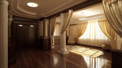Luxurious interior, elegant hallway.  Spacious, classic style, with dark wood paneling, gold accents, and large columns.  Sunlight streams through large windows