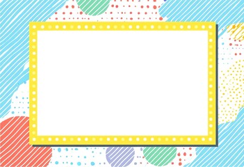 Card background with a light blue frame, yellow border with polka dots and stripes, a white blank