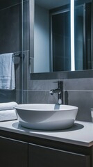 Fototapeta premium Modern bathroom interior featuring a white sink, chrome faucet, and stacked towels on a countertop, next to a glass shower.