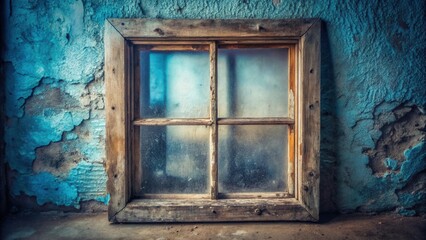 A weathered wooden window frame, set against a distressed teal wall, evokes a sense of forgotten time and quiet solitude.