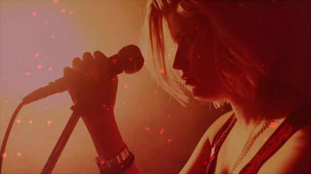 teenage female singer performing in music industry scene with floating heart icons and red lighting