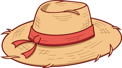 Premium Straw Hat Vector Illustration Featuring a Vibrant Red Ribbon – Essential for Trendy Summer, Beach, and Outdoor Creative Designs