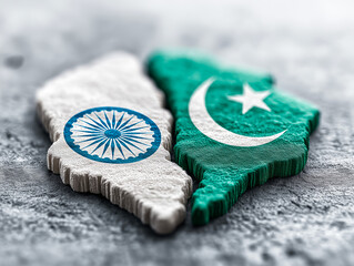 Textured maps of India and Pakistan painted in national flag colors lying side by side on a gray background, reflecting geopolitical tension.