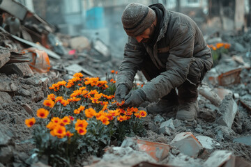 A man in a grey jacket and black hat picking flowers from a pile of rubble.
