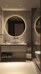 Modern bathroom interior showcasing lighted mirror, vessel sink, vanity, towels, and a glass enclosed shower with refined finishes