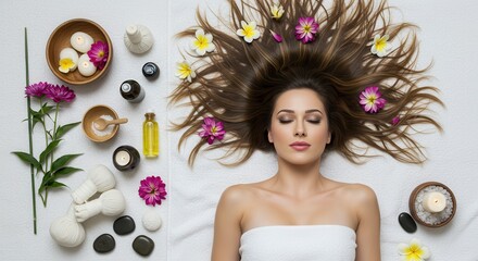 Woman lying on a towel with flowers in her hair, surrounded by spa essentials like stones, candles, and massage oils for relaxation and wellness.