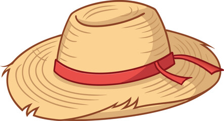 Premium Straw Hat Vector Illustration Featuring a Vibrant Red Ribbon – Essential for Trendy Summer, Beach, and Outdoor Creative Designs