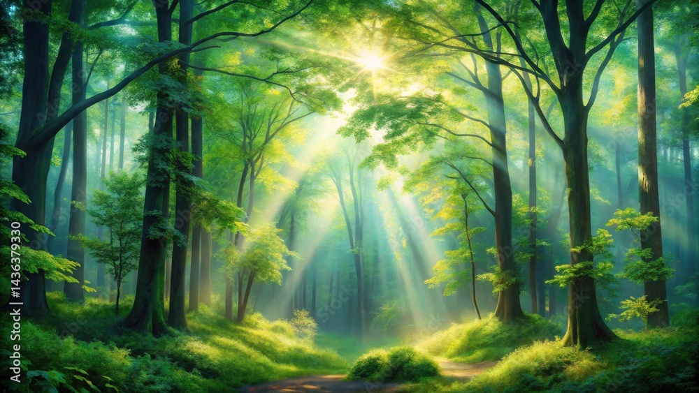 Poster Sunbeams Illuminate a Mystical Forest Path, Creating an Enchanting Atmosphere of Tranquility and Natural Beauty