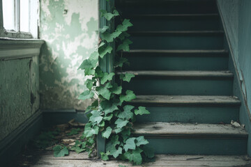 Ivy climbing the stairs of an abandoned house, intertwining with decayed wood, showcasing nature's takeover in an eerie setting.