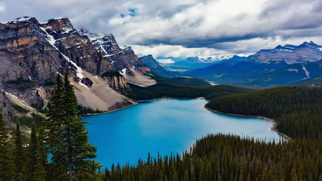 blue lake beetwen mountain and forest.