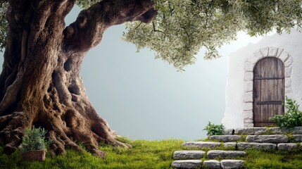 Serene Olive Tree Next to Rustic Door in Tranquil Garden Setting