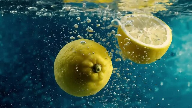 Fresh lemon floating in clear water