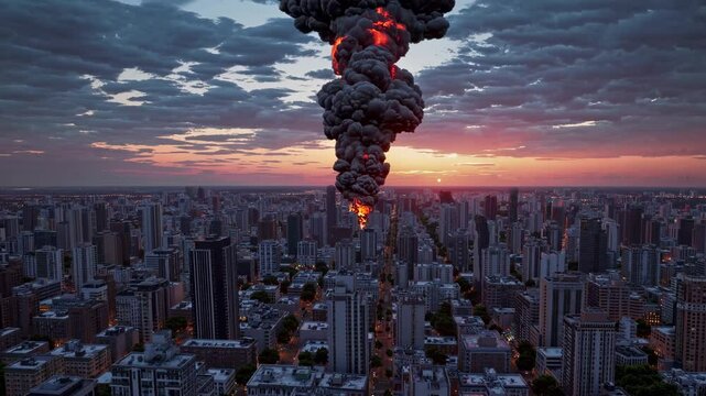 Aerial view of a cityscape at sunset with a dramatic explosion. Cinematic style, ideal for a video depicting urban action or disaster scenes.