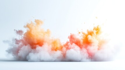 Abstract explosion of vibrant orange and white paint.  A dynamic display of color bursts and billows against a simple white background