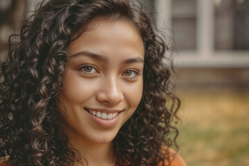 Obraz premium Portrait of smiling curly Asian woman on blurred background of private house on sunny day