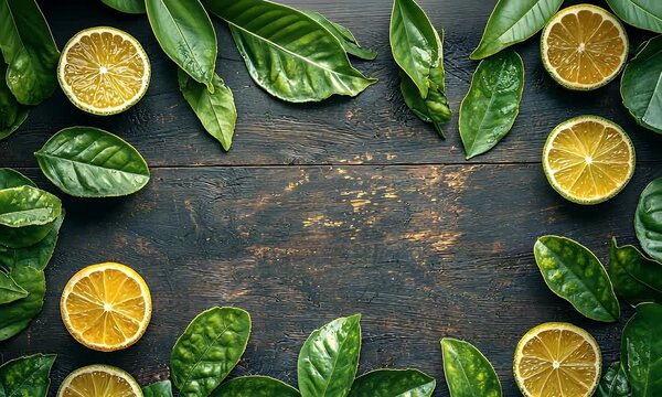 Overhead View of Lemon Slices and Fresh Green Leaves Arranged on Dark Rustic Wood Table Background