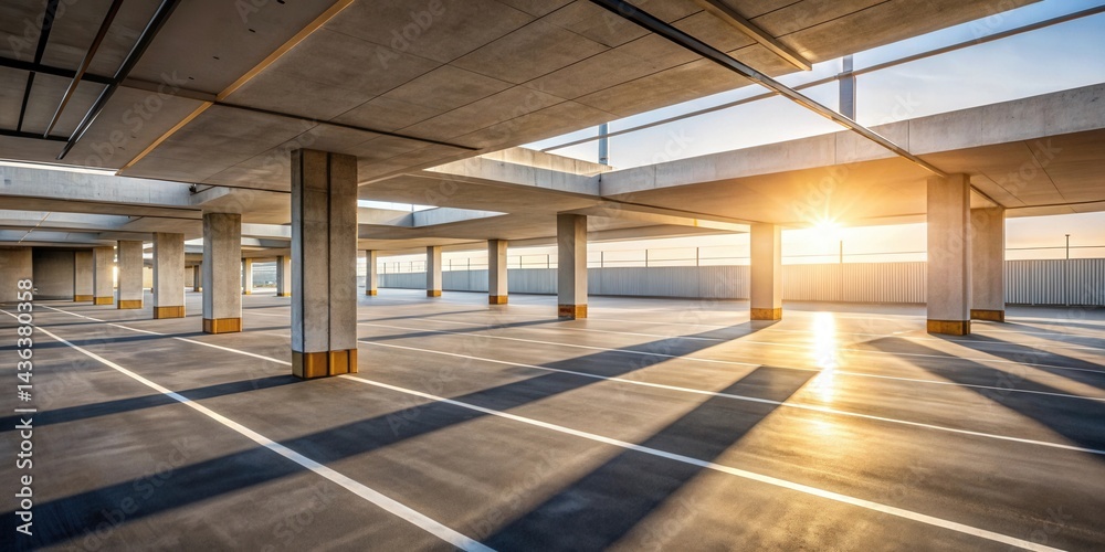 Aufkleber Sunlit Modern Concrete Parking Structure with Defined Parking Spaces and Geometric Shadows